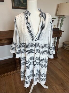 Women’s Black & White Midi Dress with Zigzag Trim